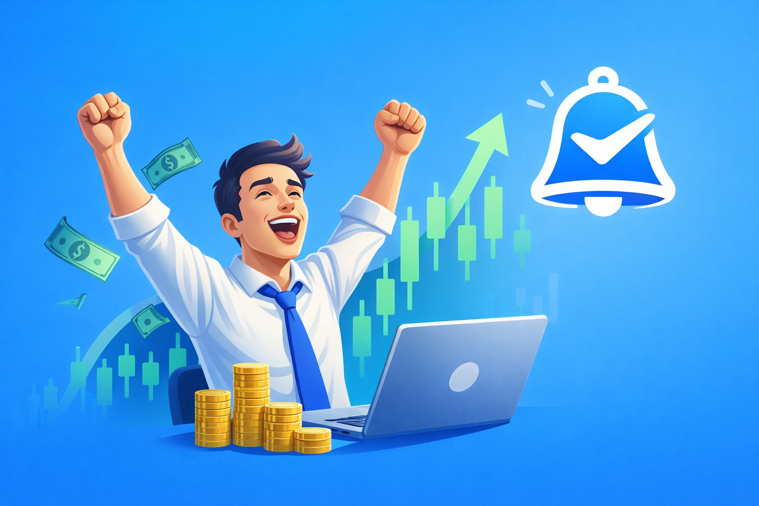 Trader celebrating with laptop